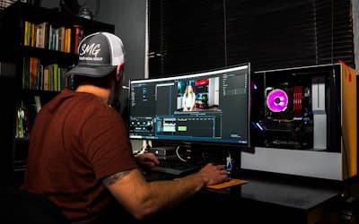 Man in red t-shirt sitting in front of computer