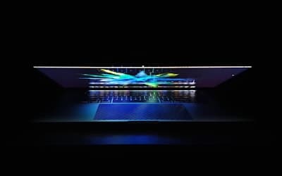 Blue and white lights on black surface