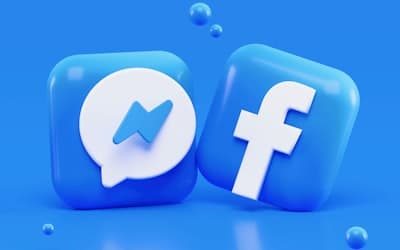 Messenger and Facebook app icons as glossy blue 3D squares on a blue background