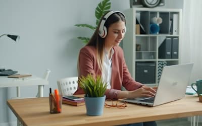 Young woman wearing headphones works on laptop at desk