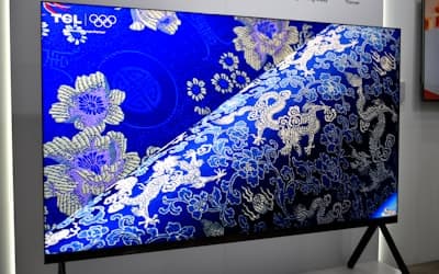 Modern television displaying blue floral and dragon patterns